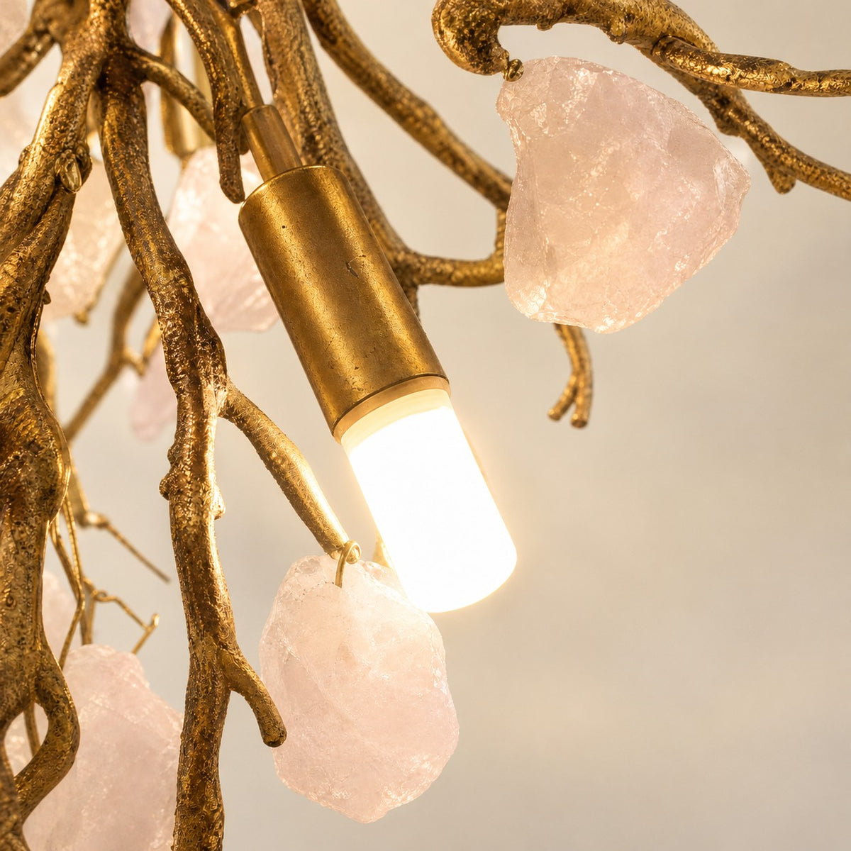 Rose Quartz Crystal Branch Chandelier in Textured Gold