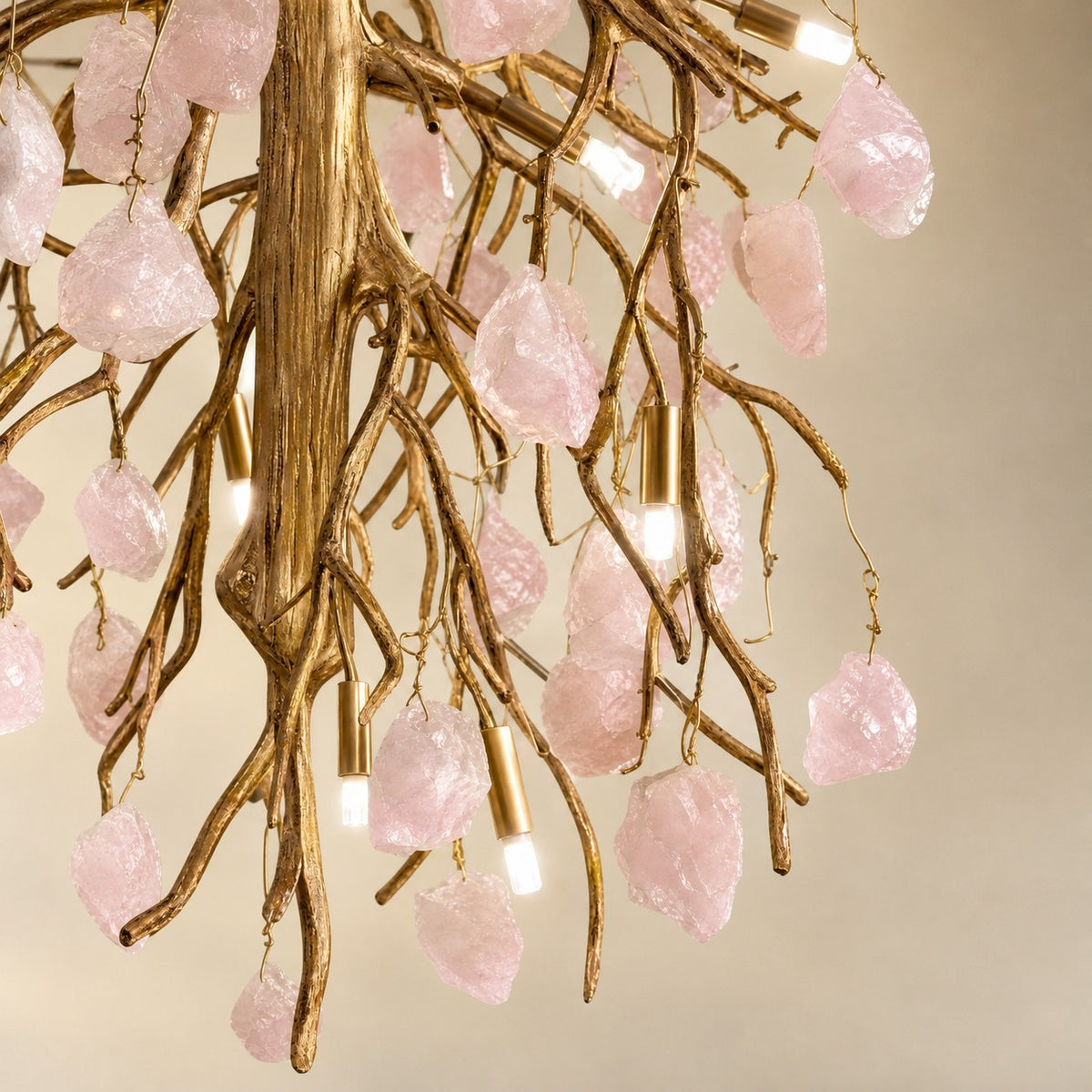 Rose Quartz Crystal Branch Chandelier in Textured Gold