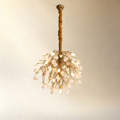 Rose Quartz Crystal Branch Chandelier in Textured Gold