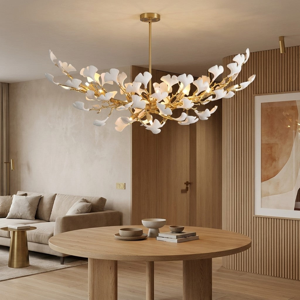 Modern Gold Tree Branch Chandelier for Dining Room, 55-inch Rectangle Ceramic Ginkgo Leaf Chandelier