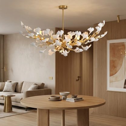 Modern Gold Tree Branch Chandelier for Dining Room, 55-inch Rectangle Ceramic Ginkgo Leaf Chandelier