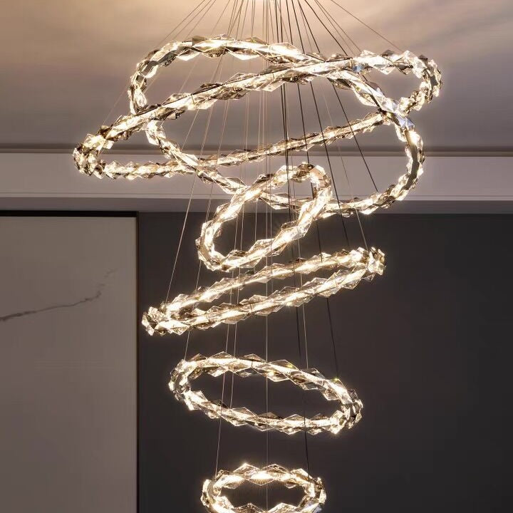 Oversized Multi-Tiered Rings Crystal Chandelier Modern Clear and Grey Crystal Ceiling Light Fixture For Staircase/Foyer/Hallway/Entryway