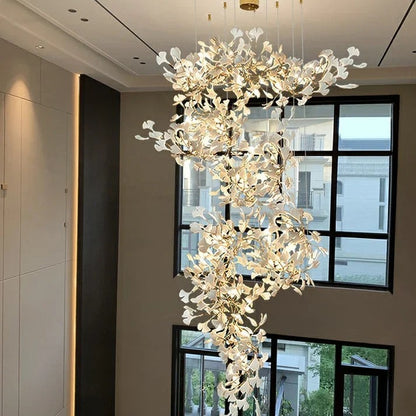 Artistic Tree Branch Pendant Light with Ceramic Ginkgo Leaves