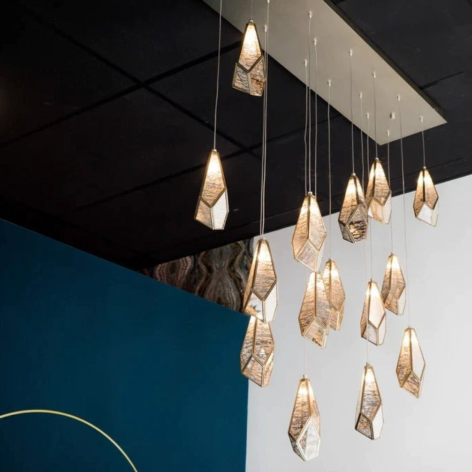 Irregular Cutting Diamond Multi-Drop Suspension Pendant Chandelier in Antique Brass Finish