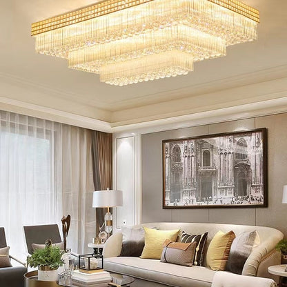 Extra Large Three Layers Rectangular Luxury Flush Mounted Crystal Chandelier for Living Room