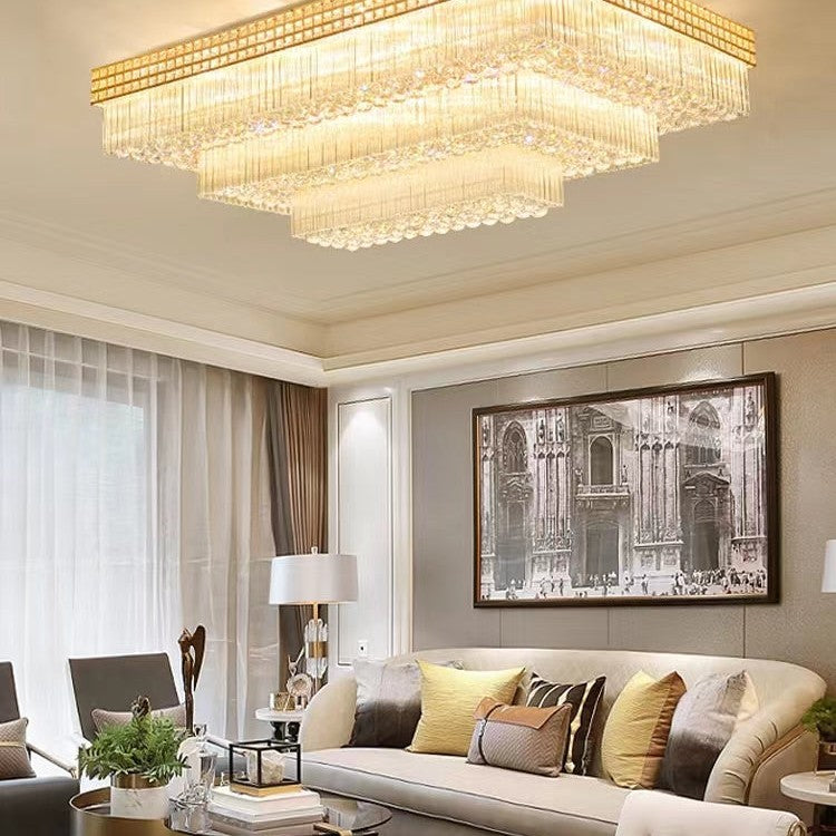 Extra Large Three Layers Rectangular Luxury Flush Mounted Crystal Chandelier for Living Room