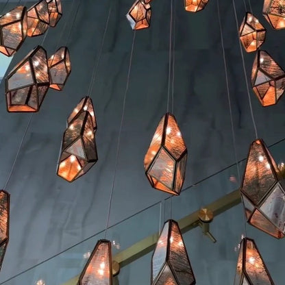 Irregular Cutting Diamond Multi-Drop Suspension Pendant Chandelier in Antique Brass Finish