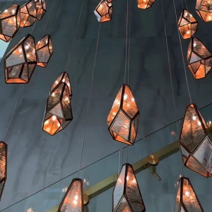 Irregular Cutting Diamond Multi-Drop Suspension Pendant Chandelier in Antique Brass Finish