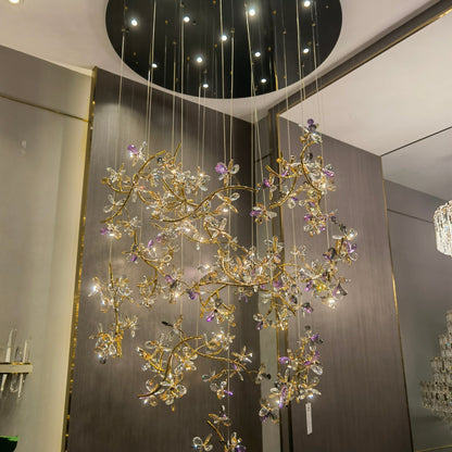 Luxury Branch Flower Crystal Chandelier for High Ceiling Staircase Foyer and Hallway Decor