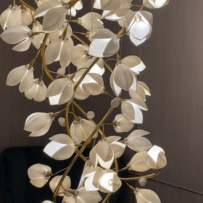 Spiral Pure White Magnolia Chandelier with Golden Branches for Staircase/High-ceiling Space/Foyer/ Duplex