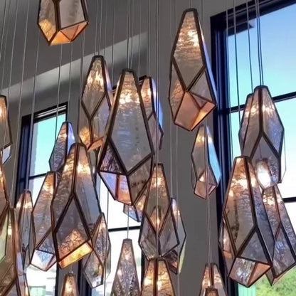 Irregular Cutting Diamond Multi-Drop Suspension Pendant Chandelier in Antique Brass Finish