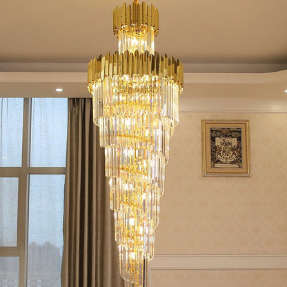 Luxury Gold Trimmed Long Crystal Chandelier Foyer Staircase Extra Large Ceiling Light Fixture