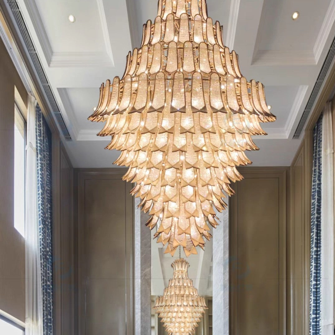 Extra Large Luxury Multi-tier Gold Pendant Glass Chandelier for Stairs/Large High-ceiling Room