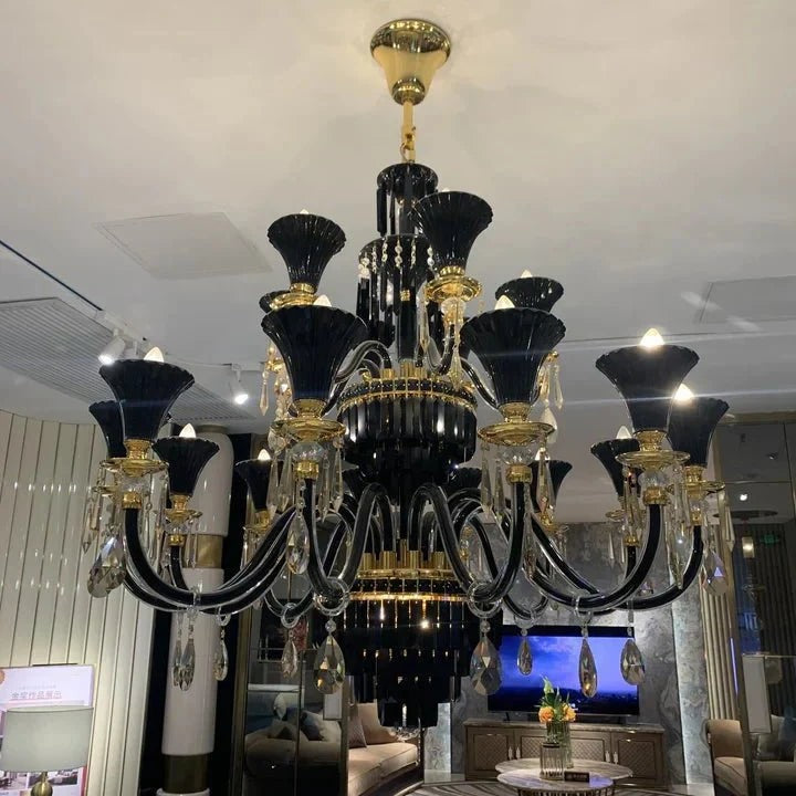 American Traditional Branch Crystal Chandelier with Candle Design in Black and Gold