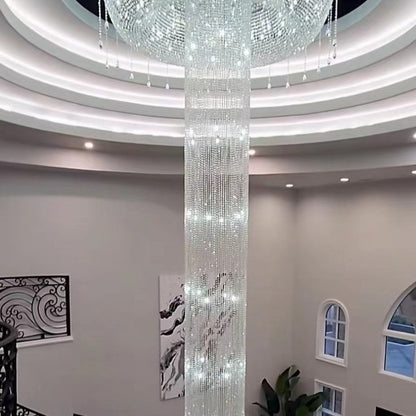 Extra Large Flush Mount Silver Waterfall Luxury Ceiling Crystal Chandelier for High-ceiling Living Room/Duplex Hall