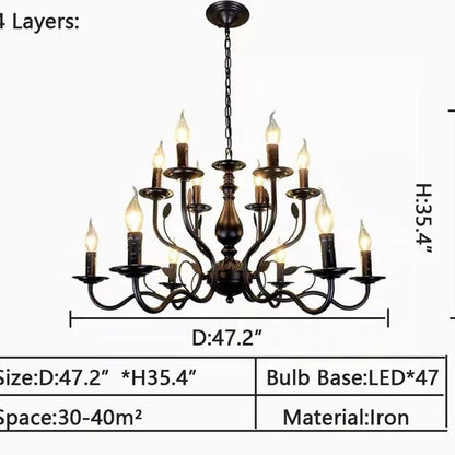 Multi Layer Iron Chandelier with Electronic Candles in Vintage Country Style for Living Room Cafe and Study