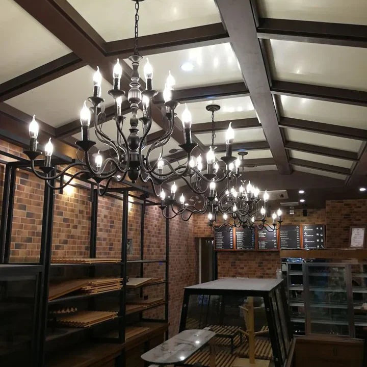 Multi Layer Iron Chandelier with Electronic Candles in Vintage Country Style for Living Room Cafe and Study