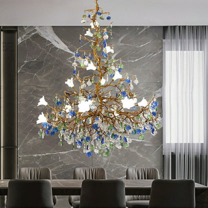 Stylish Colored Glaze Flower Crystal Chandelier Brass Tree Branch Ceiling Light For Living Room Hotel Hall