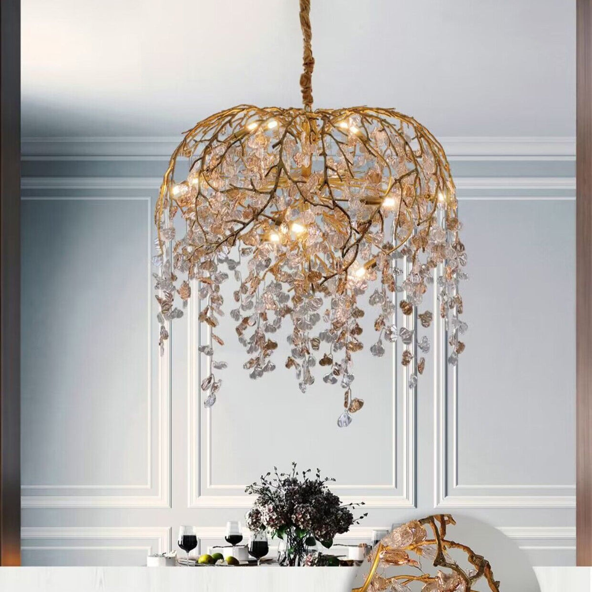 Modern Luxury Leaf Branch Crystal Chandelier Art Copper for Living/Dining Room/Bedroom