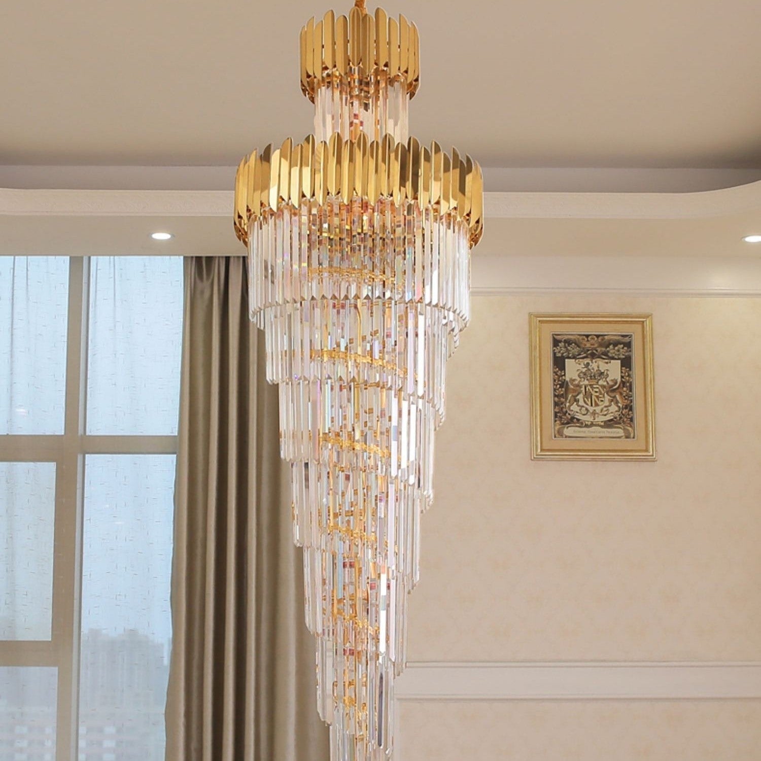 Luxury Gold Trimmed Long Crystal Chandelier Foyer Staircase Extra Large Ceiling Light Fixture