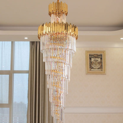 Luxury Gold Trimmed Long Crystal Chandelier Foyer Staircase Extra Large Ceiling Light Fixture