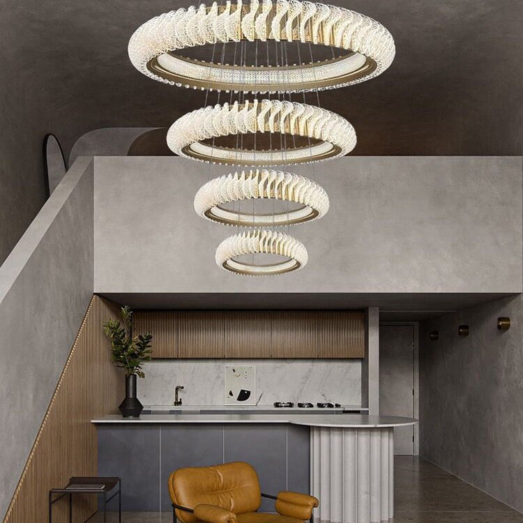 Extra Large Round Acrylic and Stainless Steel Multi-Layer Chandelier for High Ceilings