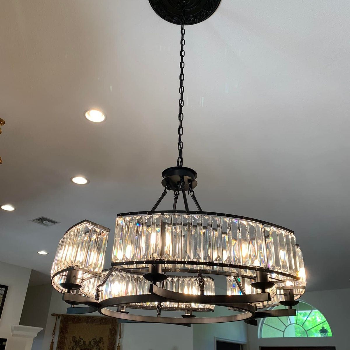 Decorative 6/ 8/ 10/ 12-Light Crystal Ceiling Chandelier Triangular Prism Island Light Fixture Metal Shade for Living Room