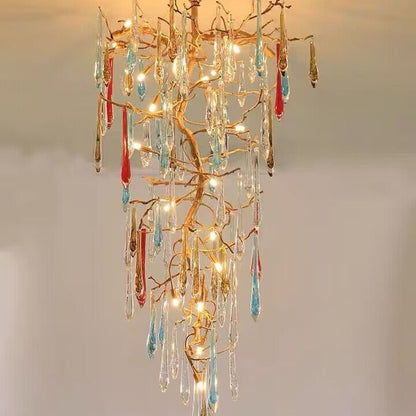 Modern Light Luxury Brass Branches Colored Glass Column Chandelier for Staircase/Living Room/High-ceiling Space