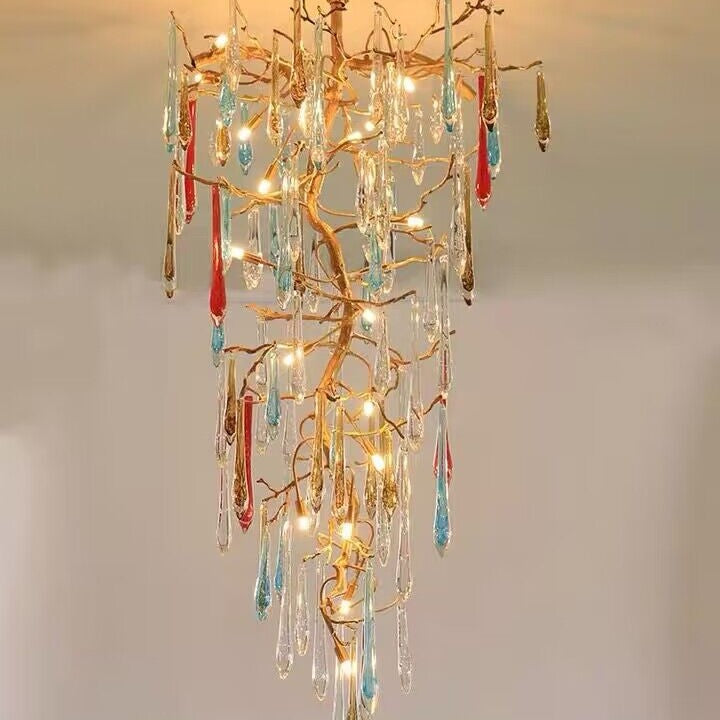 Modern Light Luxury Brass Branches Colored Glass Column Chandelier for Staircase/Living Room/High-ceiling Space