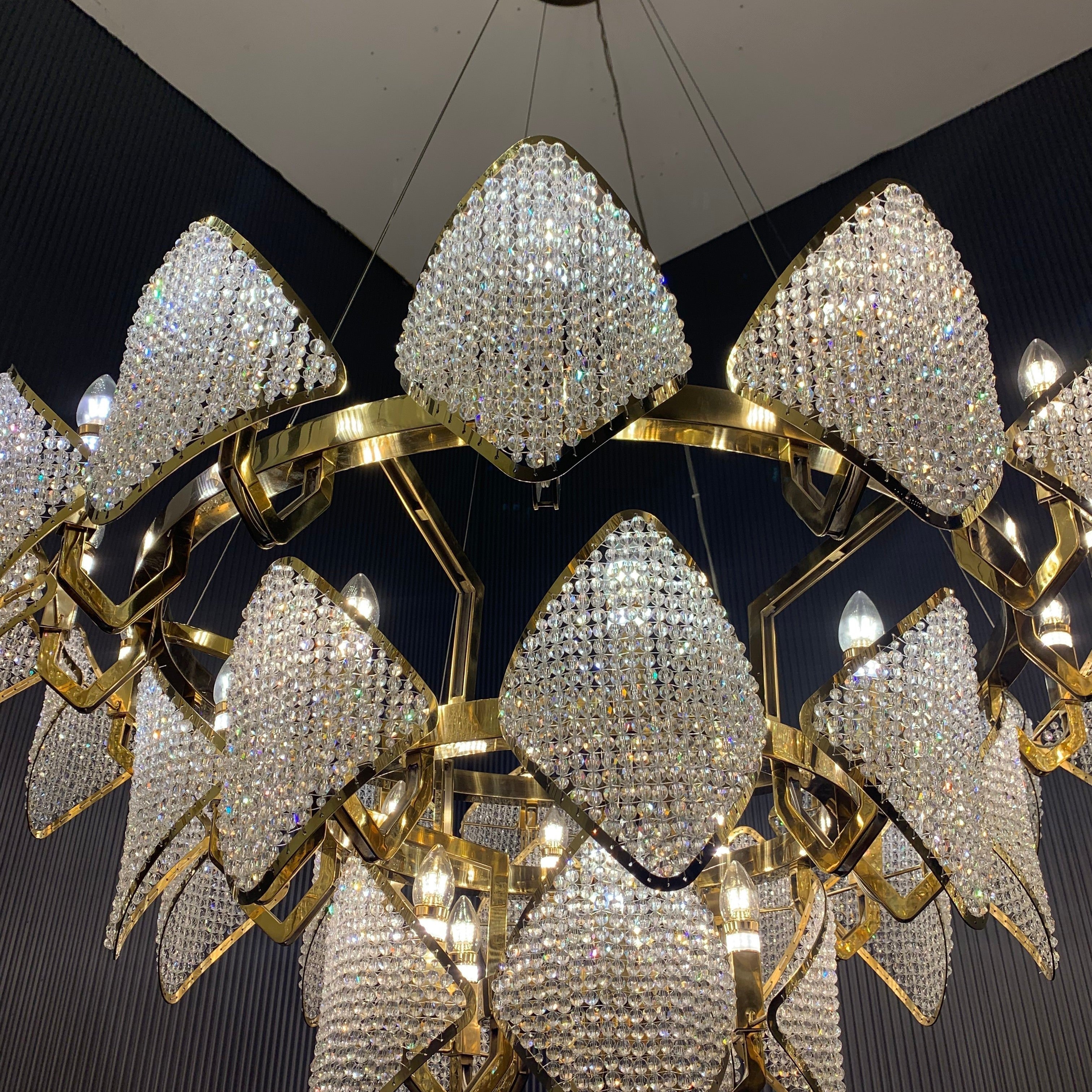 Modern Luxury 3-Tier Crystal Beads Knitmesh Chandelier in Champagne Gold Finish for Living Room