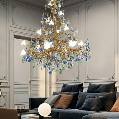 Stylish Colored Glaze Flower Crystal Chandelier Brass Tree Branch Ceiling Light For Living Room Hotel Hall