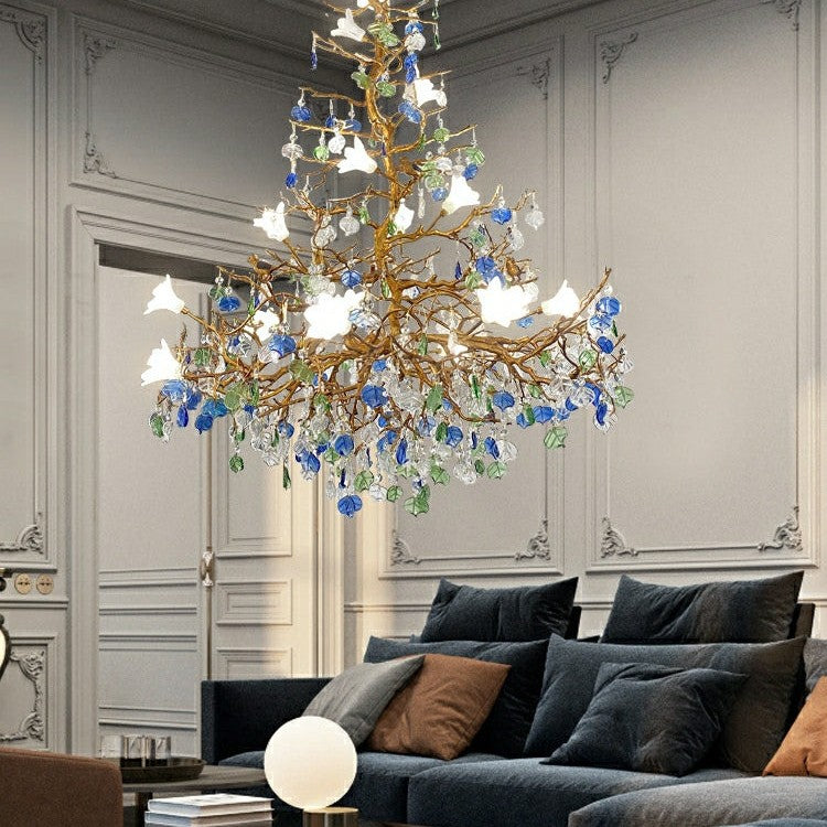 Stylish Colored Glaze Flower Crystal Chandelier Brass Tree Branch Ceiling Light For Living Room Hotel Hall