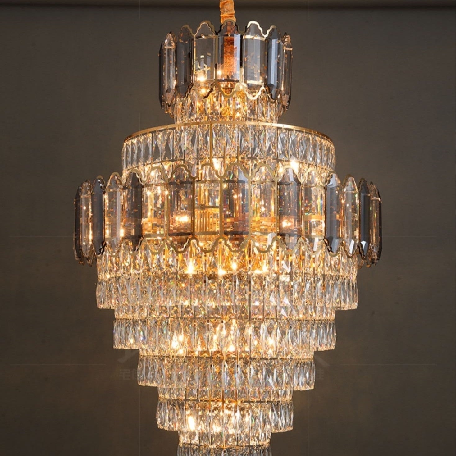 Large Staircase Crystal Chandelier Living Room Ceiling Light Fixture For Hotel Entrance In Gold Finish