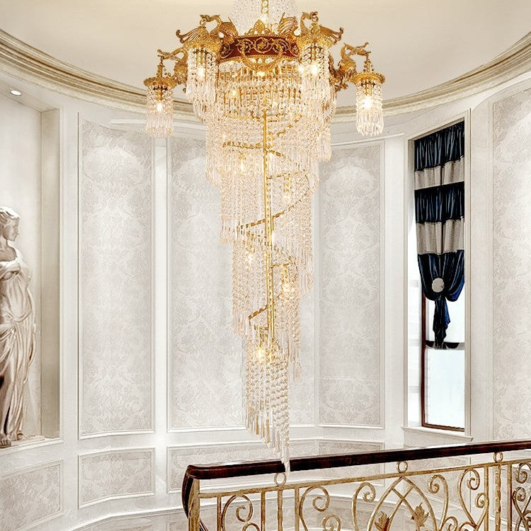 Extra Large Retro Luxury Full Copper Crystal Chandelier for Staircase/ Duplexes/ Villas