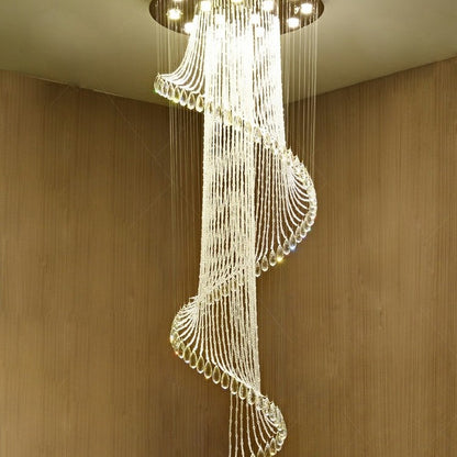 Flush Mounted Spiral Crystal Drops Chandelier Round LED Ceiling Lighting Fixture For Foyer Staircase/ Hotel Entrance