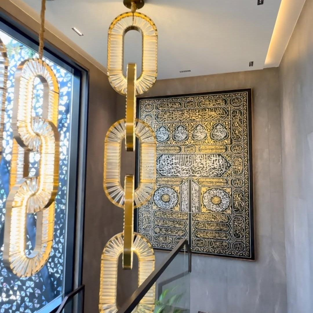 Luxury Crystal and Metal Chain Pendant Chandelier for High Ceilings with Modern Finish