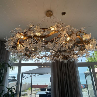 Branch Petal Crystal Brass Round Chandelier