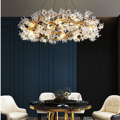 Branch Petal Crystal Brass Round Chandelier