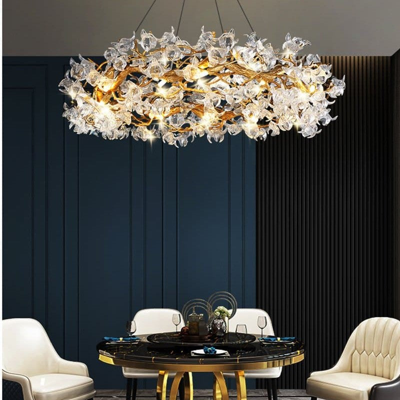 Branch Petal Crystal Brass Round Chandelier