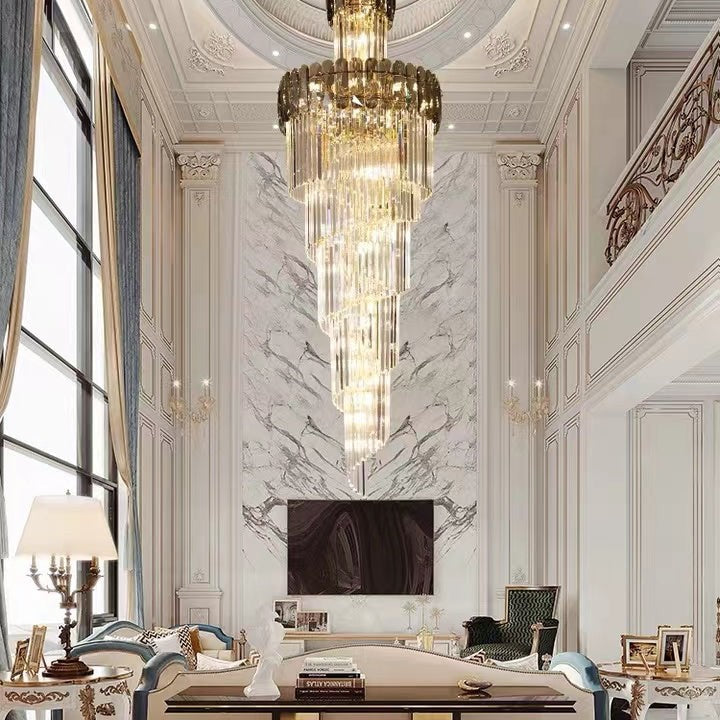 Luxury Extra Large Foyer Spiral Staircase Chandelier Long Crystal Ceiling Light Fixture