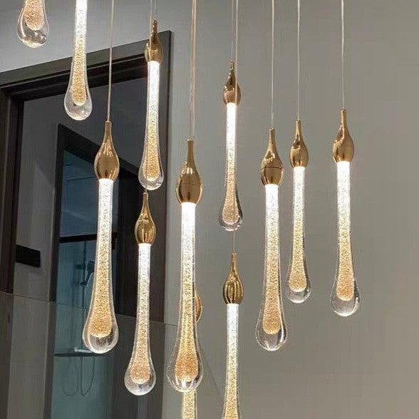 Foyer Glass Drops Pendant Chandelier Spiral Staircase High Ceiling Light Fixture In Gold Finish