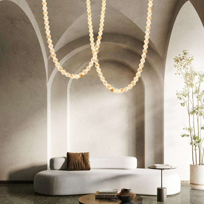 Modern LED Natural Alabaster Globes Beads Hanging Chandelier Indoor Lighting Fixture