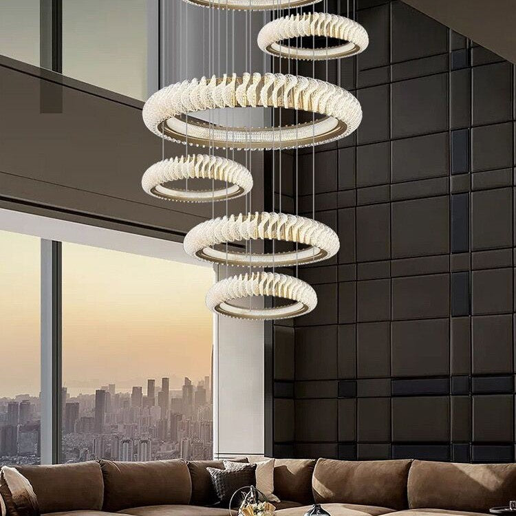 Extra Large Multi-layers Rings Crystal Chandelier Modern Art Waves Creative Pendant Light For High-ciling Foyer/Hallway/Staircase