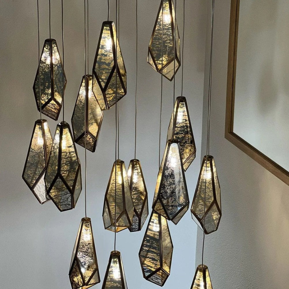 Irregular Cutting Diamond Multi-Drop Suspension Pendant Chandelier in Antique Brass Finish