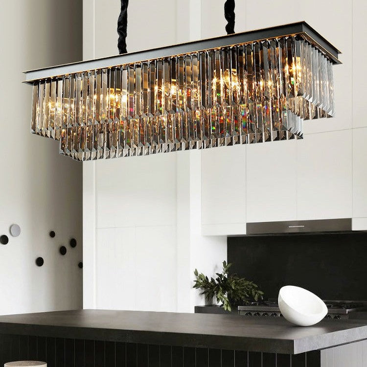 Fashion Kitchen Island Crystal Chandelier In Black/ Smoky Gray Finish Two Tiers Rectangle Chain Pendant Light/ Lamp For Long Dining Table