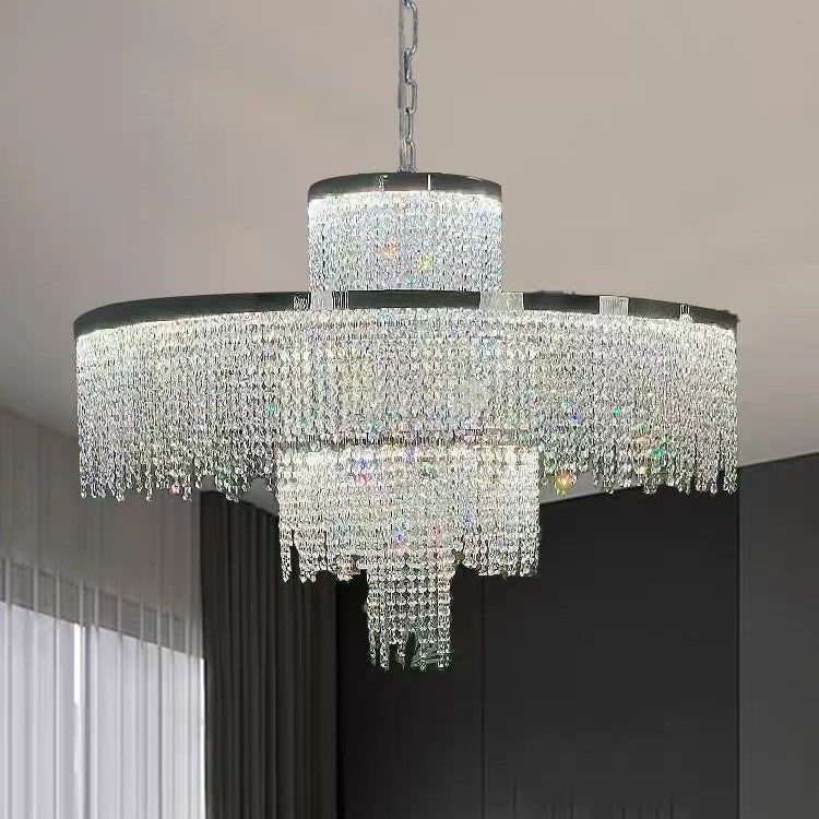 Crystal Chandelier Silver Finish Ceiling Mount Light Fixture for Living Room Dining Room
