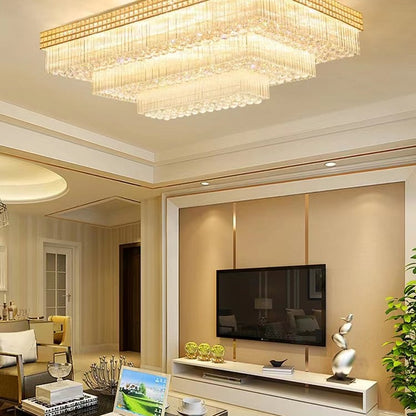Extra Large Three Layers Rectangular Luxury Flush Mounted Crystal Chandelier for Living Room