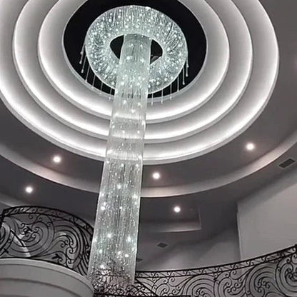 Extra Large Flush Mount Silver Waterfall Luxury Ceiling Crystal Chandelier for High-ceiling Living Room/Duplex Hall