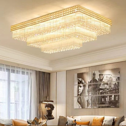 Extra Large Three Layers Rectangular Luxury Flush Mounted Crystal Chandelier for Living Room