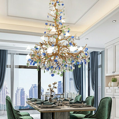 Stylish Colored Glaze Flower Crystal Chandelier Brass Tree Branch Ceiling Light For Living Room Hotel Hall